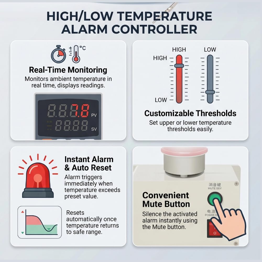 Alarme de Capteur de Température, Contrôleur D'avertissement de Thermostat Sonore Clignotant AC, avec Affichage Numérique