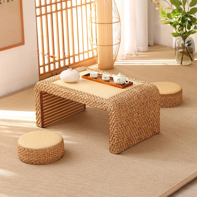 Table basse tatami en rotin tressé compacte 60x45x30 cm pour salon