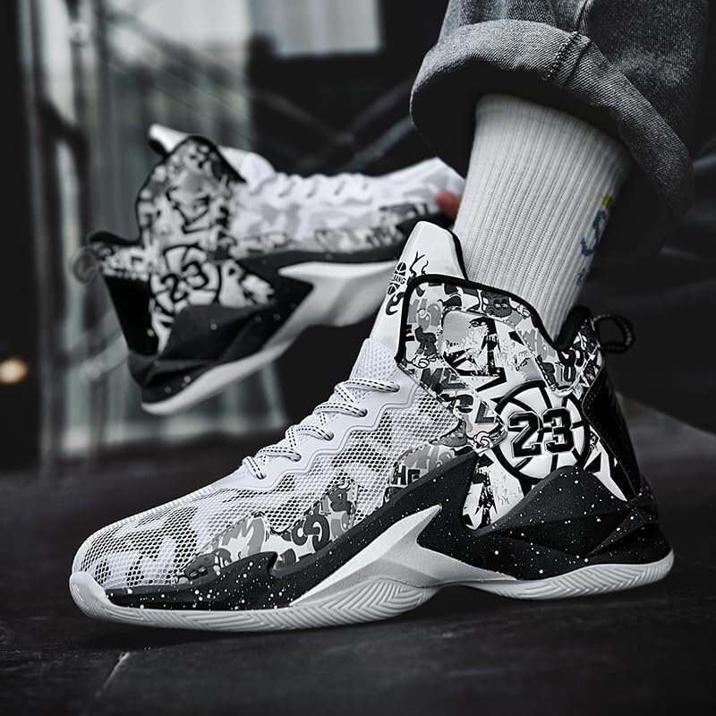 Men's Basketball Shoes with Breathable Non Slip Mesh High Cut Comfortable Sports Training Boots(White Black,8.5)