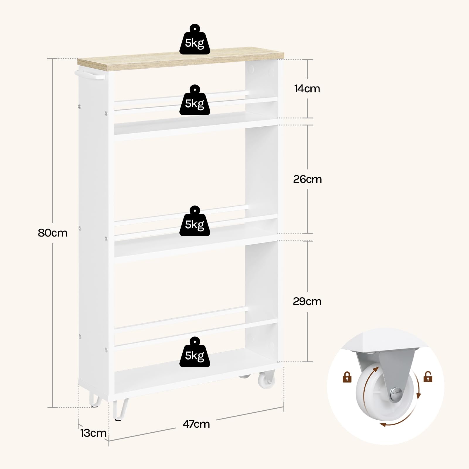 WOLTU Carrito de Cocina con 3 Niveles, Carro Auxiliar Cocina con Ruedas, Estanteria Estrecha de Almacenamje, Madera y Metal, con Frenos y Asa, 47x13x80 cm, Blanco+Roble Claro
