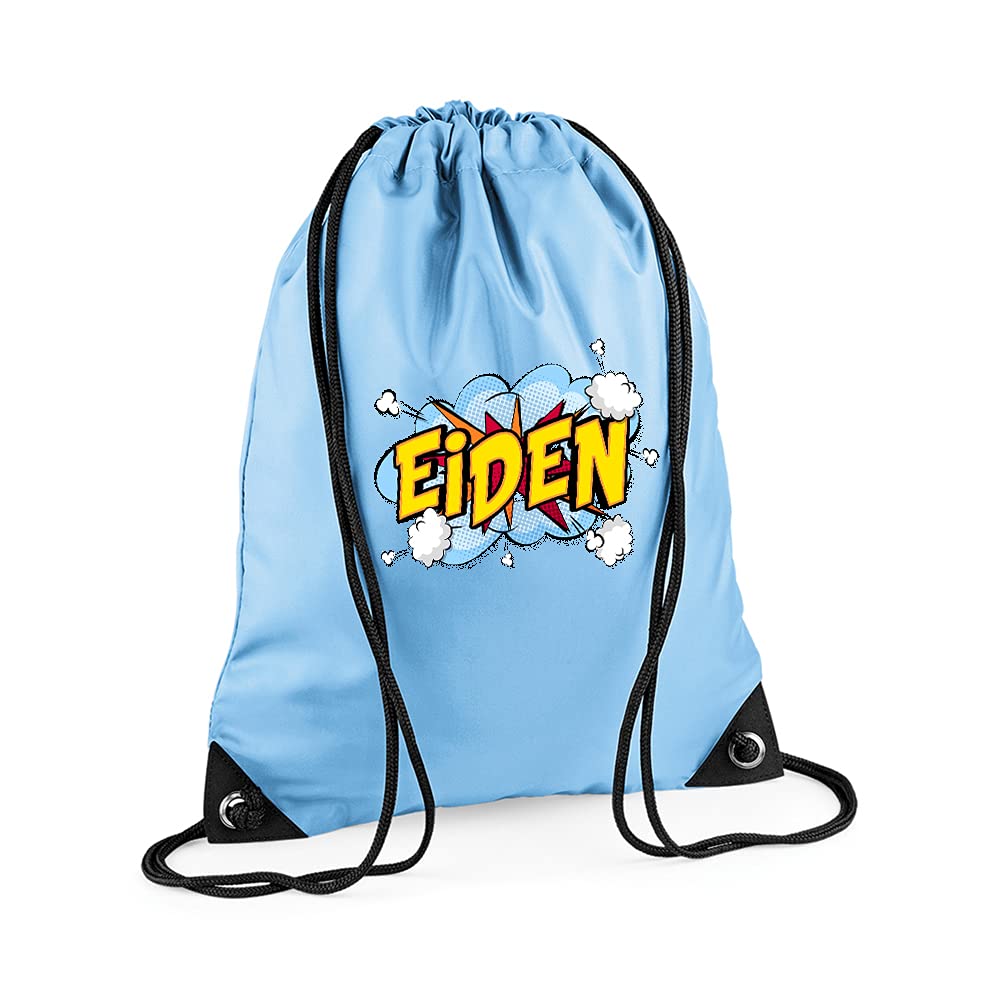 Getagift Personalised with Any Name Comic Pop Art Themed Gift for Children, Kids, Girls/Boys, Back to School, Premium Drawstring Bag, PE Gym Kit School, Swimming, PE Kids Sport Rucksack. (Sky Blue)