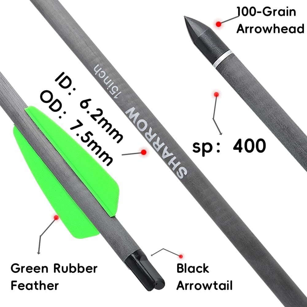 Archery 7.5"/15" Short Carbon Arrows - 6.2mm ID 100 Grain Replaceable Tips for Target Shooting Training & Archery Games