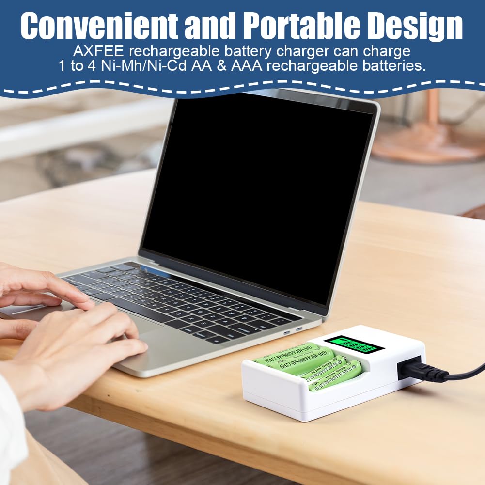 AXFEE Caricabatterie per Pile Ricaricabili, AA AAA Batterie Caricabatteria, Schermo LCD può visualizzare la capacità, adatto per batteria al litio da batteria Ni-Mh/Ni-Cd1,2 V