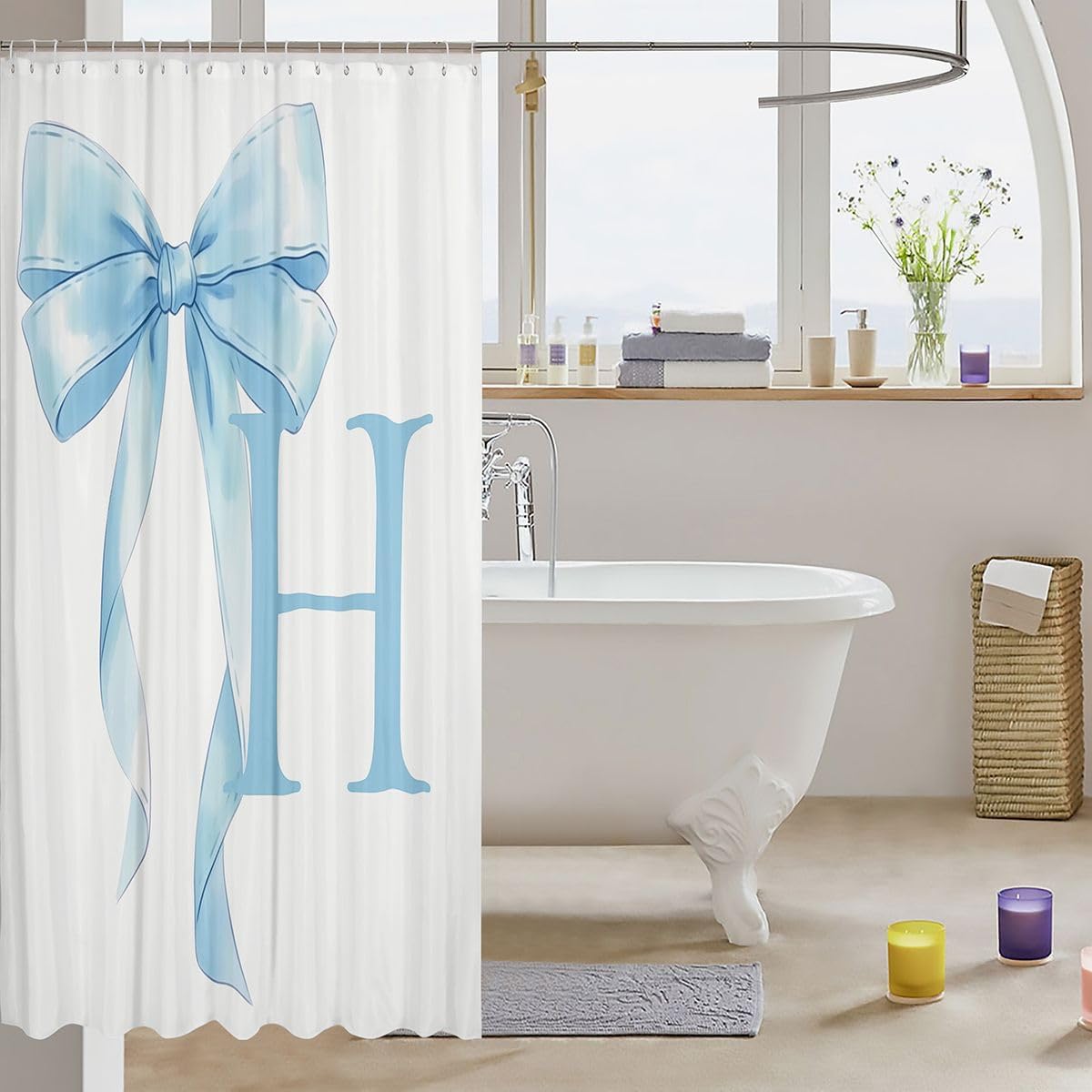 Feelyou Cute Blue Bow Shower Curtain for Bathroom Decor Personalized Initial H Bath Curtain for Stalls Bathtubs Ribbon Bow Knot Bathroom Accessories Waterproof Polyester Fabric with 12 Hooks 72"x72" image 3