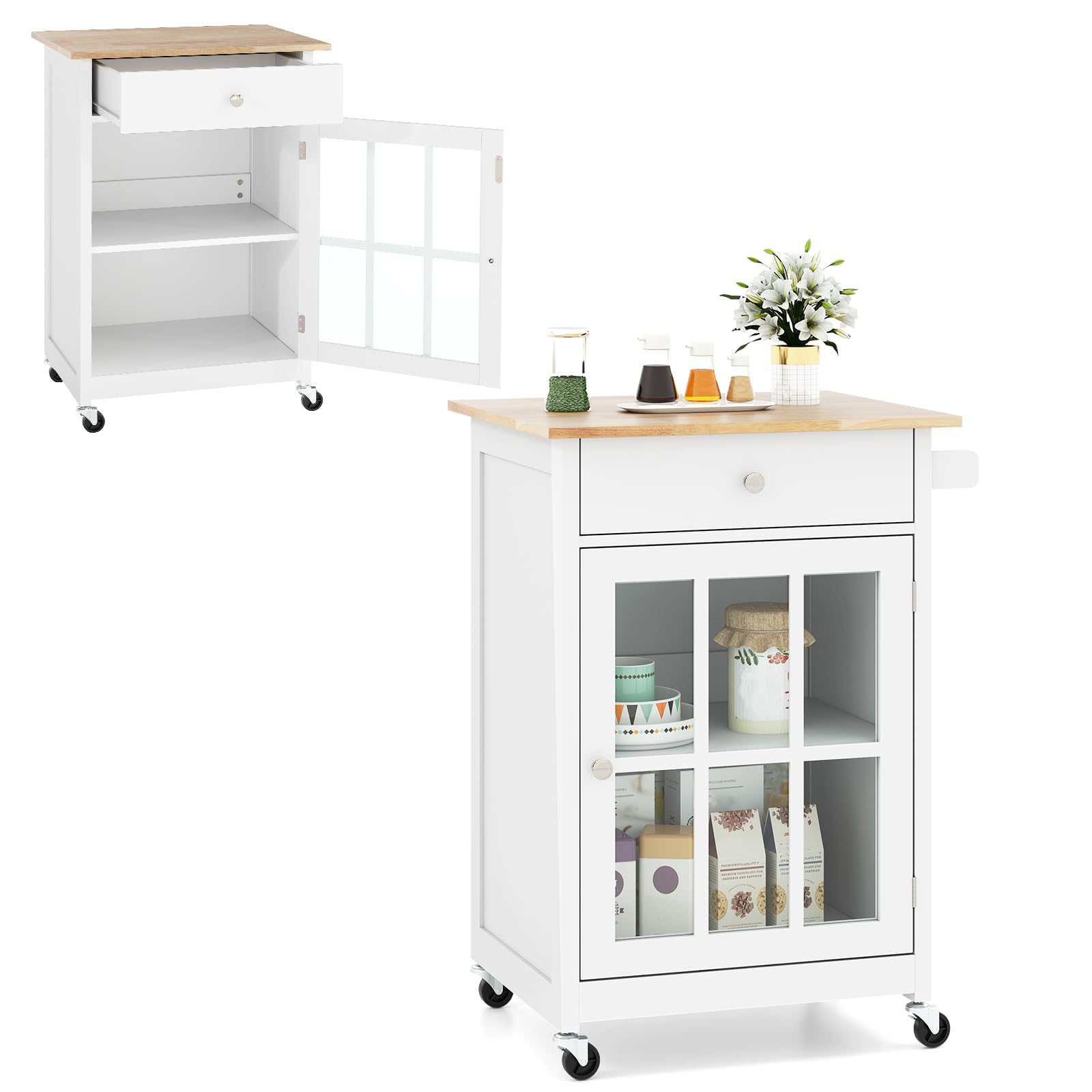 KOMFOTTEU Carrello da cucina con ruote, carrello di servizio con cassetto, porta in vetro temperato, portasciugamani in legno di gomma, tavolo da bar mobile con ripiano regolabile per soggiorno