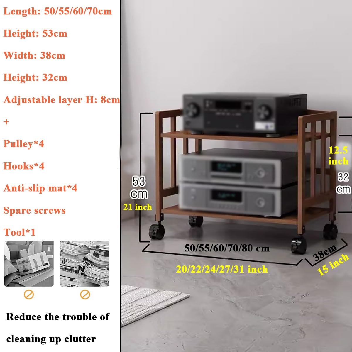 Supporto multimediale AV multilivello con ripiani regolabili, rack audio per casa e ufficio, mobiletto per lettore CD e ricevitore, ripiano angolare per proiettore, TV e console di gioco con ruote