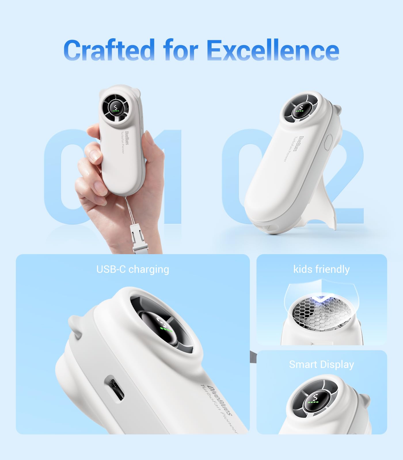 Diveblues Mini Ventilatore Turbo Portatile, Massimo 16H, Ventilatore Portatile Ricaricabile USB 4000mAh con 5 Velocità, Piccolo Ventilatore Tascabile per Viaggi, Outdoor, Concerti, Regalo per Donne