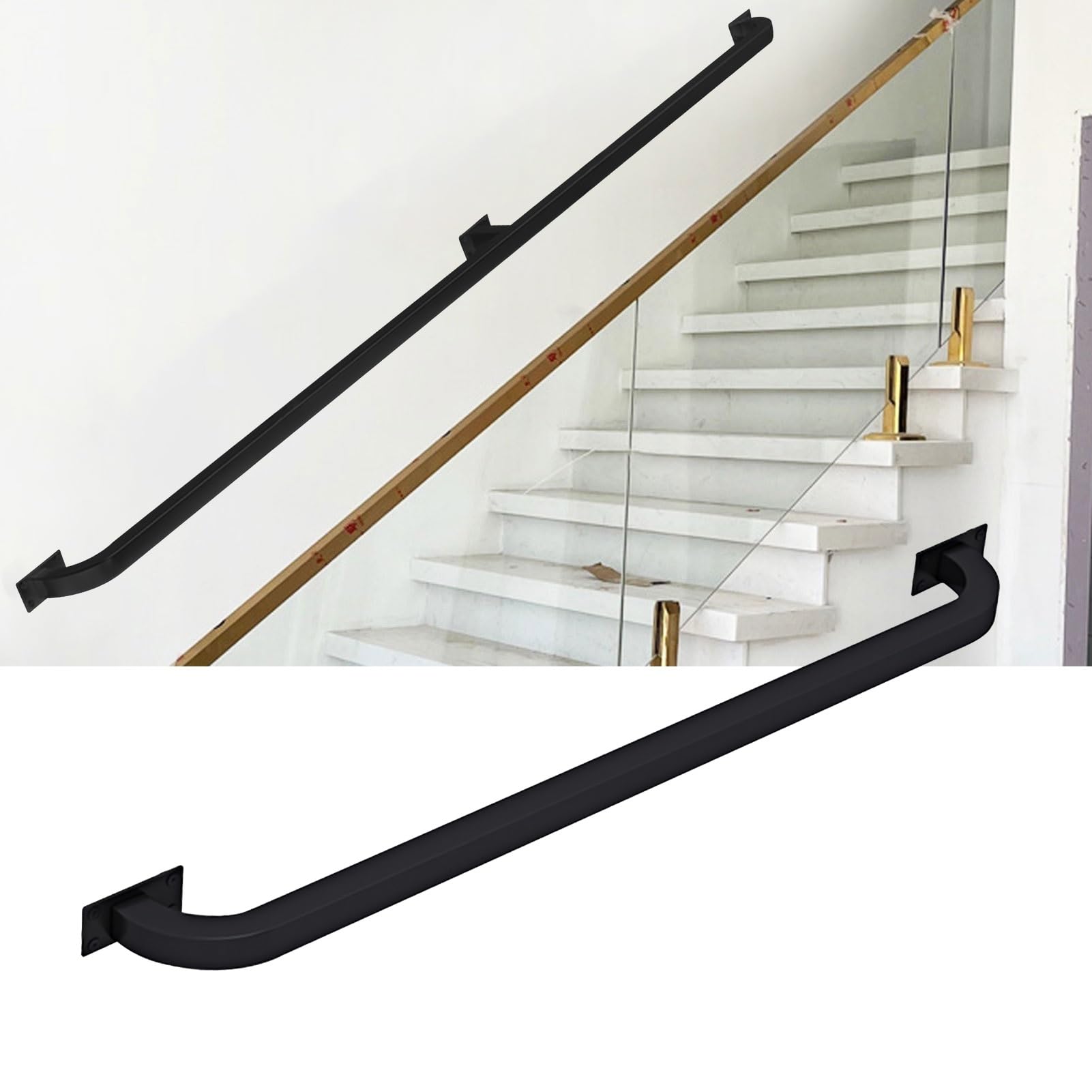 Gyeqxkt Women's Black Square Pipe Staircase Handrail Banister Rail Kit 15Ft/450Cm Stair Railing Safety Hand Rails With Metal Iron Brackets Wall Balustrade Foot Rail Support