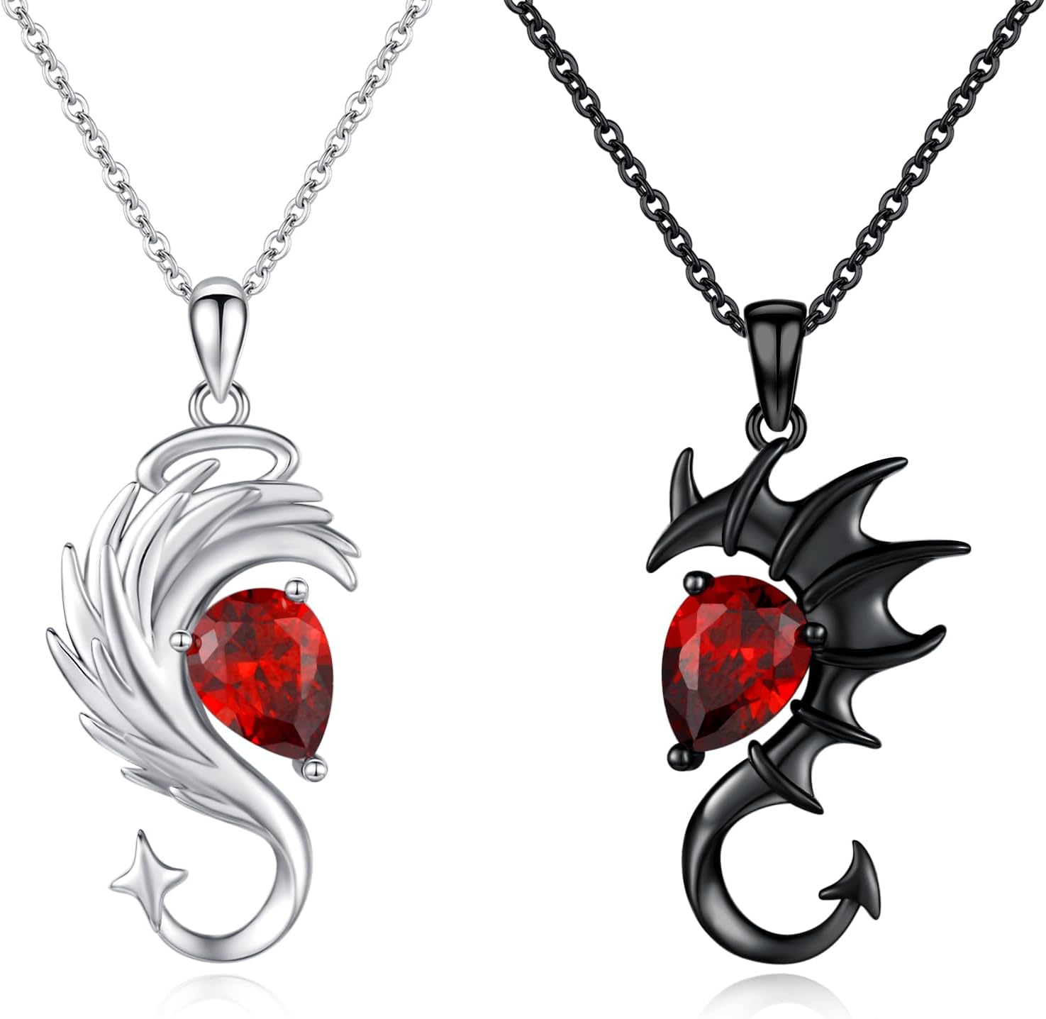 Angel and Devil Couples Necklace 925 Sterling Silver Couple Matching Necklace Her Him Silver Angel and Black Devil Wings Pendant Matching Jewelry Gifts for Couple Friends Valentine's Day