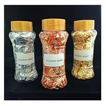 1 - Golden, Silver, Copper Foil Flake for Decorating Cake Borders and Other Sweets Baking Glitters (Silver Golden Pack of 3)