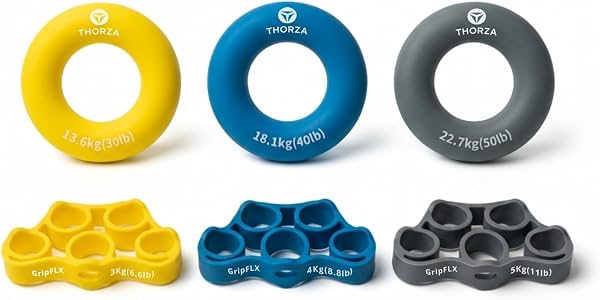 Set Completo Thorza para Antebrazo, Mano y Dedos, Fortalecedor con Agarres y Anillos | Tres niveles de resistencia, entrenamiento flexor/extensor, ejercitador de dedos de silicona duradera