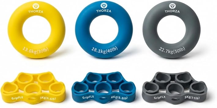 Thorza Hand Grip Strengthener Set 3 Resistance Levels, Finger & Forearm Trainer with Rings & Bands, Grip Trainer for Wrist, Rehab & Strength Training