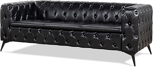 Miniatura 9 de Vaztrlus Sofás negros para sala de estar, moderno sofá Chesterfield copetudo, asiento profundo, cómodo sofá de piel sintética, brazos enrollados