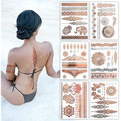 Terra Tattoos Rose Gold Henna Temporary Tattoos 75+ Mandala Tattoos Flowers, Mandalas, Elephants Waterproof Nontoxic Long Lasting Perfect for Beach, Festivals, & Parties Cover