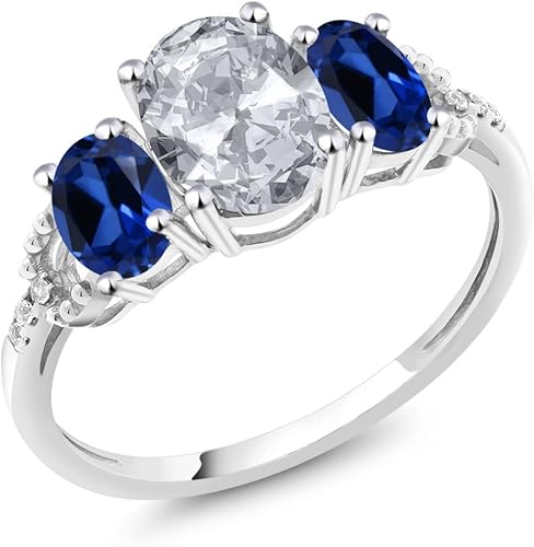 Gem Stone King Anillo de compromiso de oro blanco de 10 quilates con topacio blanco y zafiro creado con diamantes y diamantes para mujer (2.35 qttw)