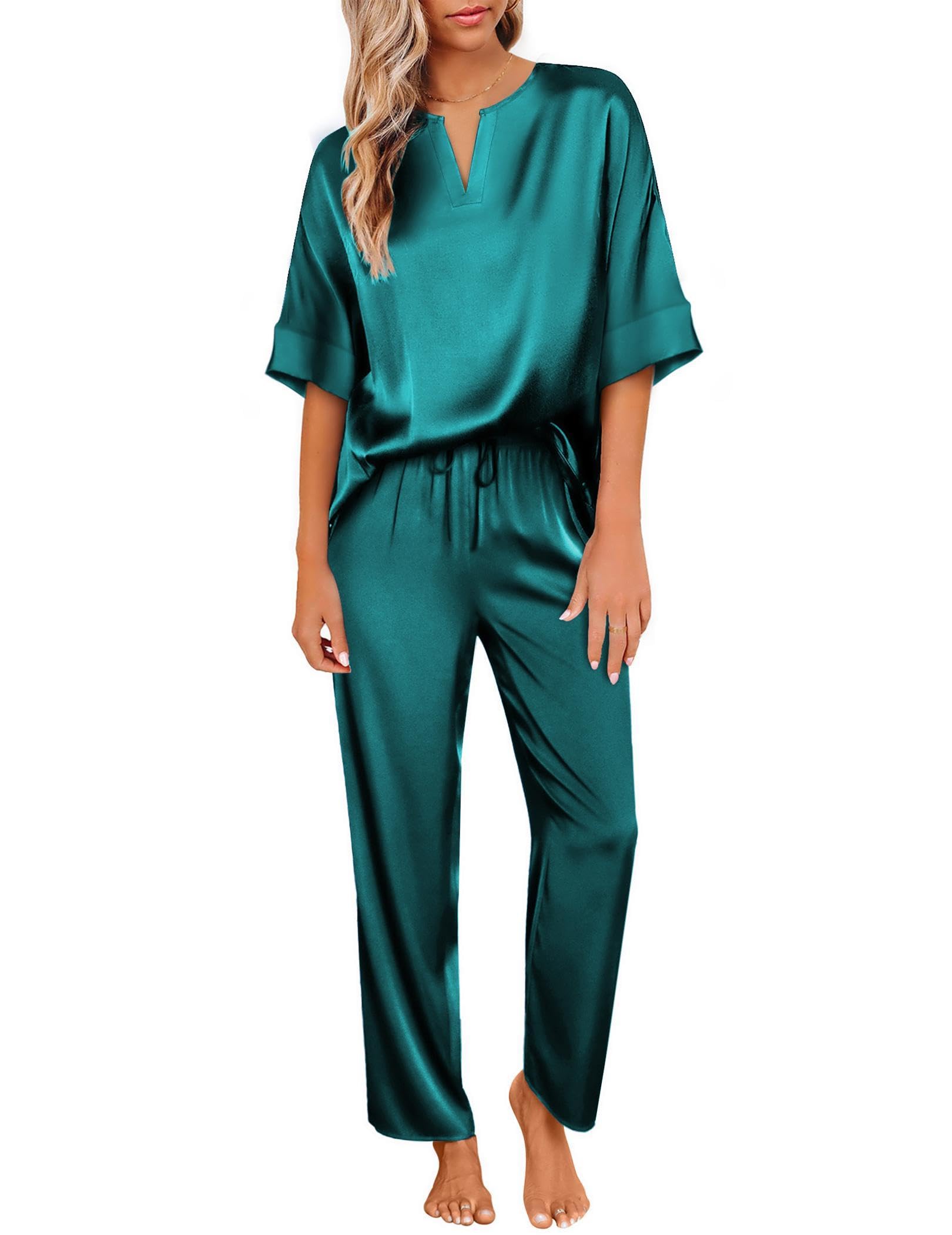 Ekouaer Satin Pajama Set Womens Silk Short Sleeve V Neck Shirt with Long Pant Soft Loungewear Pjs Set