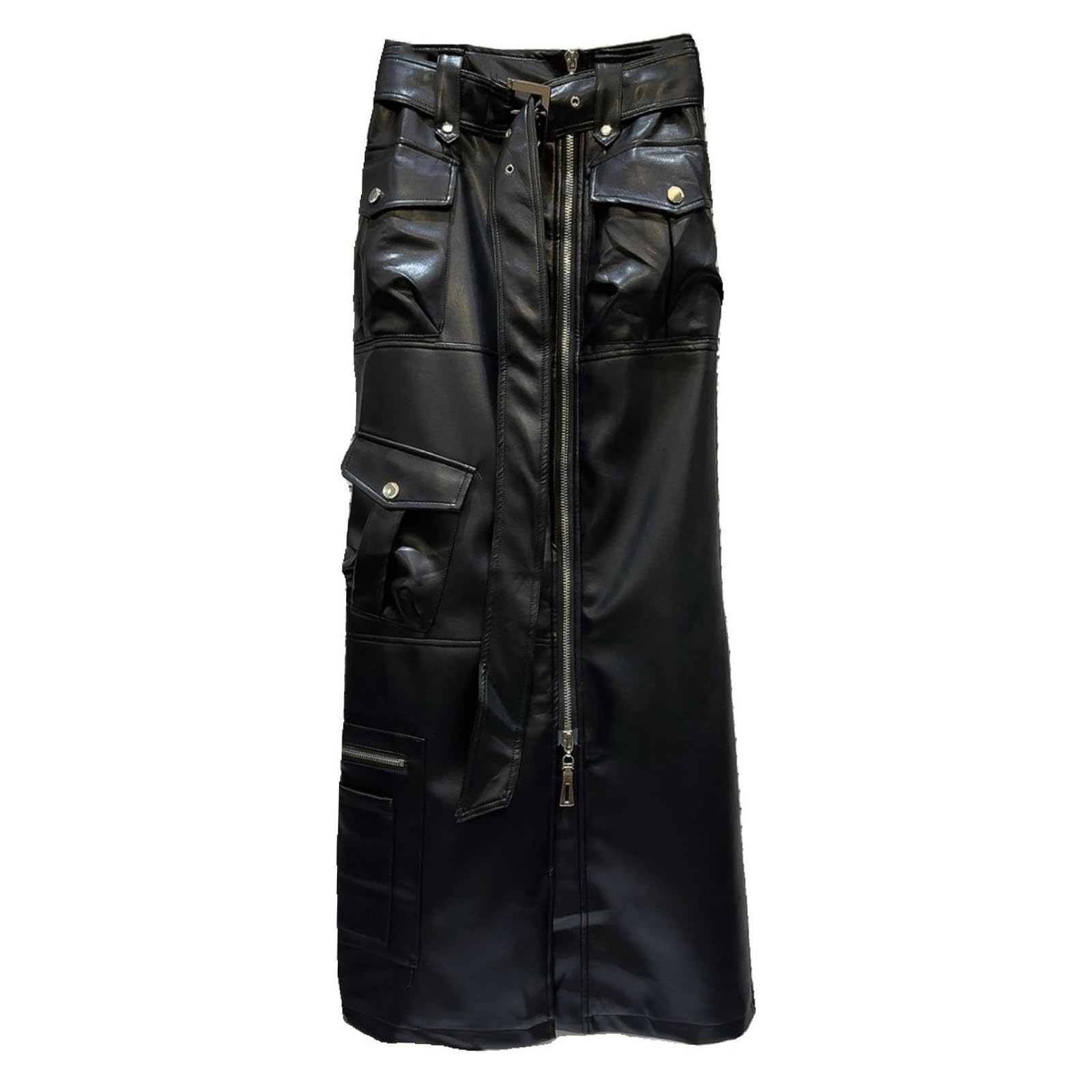 Womens Trendy Long Pencil Skirts PU Leather High Waist Zip Front Belted Casual Cargo Skirt with Multi-Pockets
