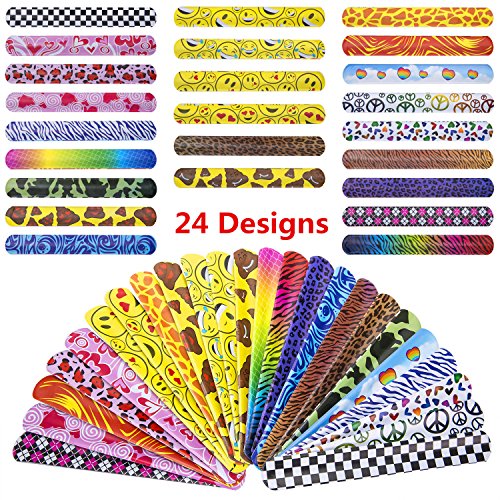 JOSENI 72 PCs Slap Bracelets Toys Party Favors Pack (24 Designs) with Colorful Hearts Emoji Peace Animal Prints-Birthday School Classroom Prize For Kids Boys Girls
