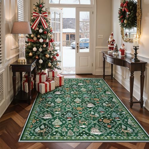 Madane Washable Christmas Rugs - 3x5 Non-Slip Lightweight Green Area Rug for Living Throw Small Soft Bedroom Rugs, Holiday Decor Carpet Accent Print Indoor Rug for Kitchen Dining Room