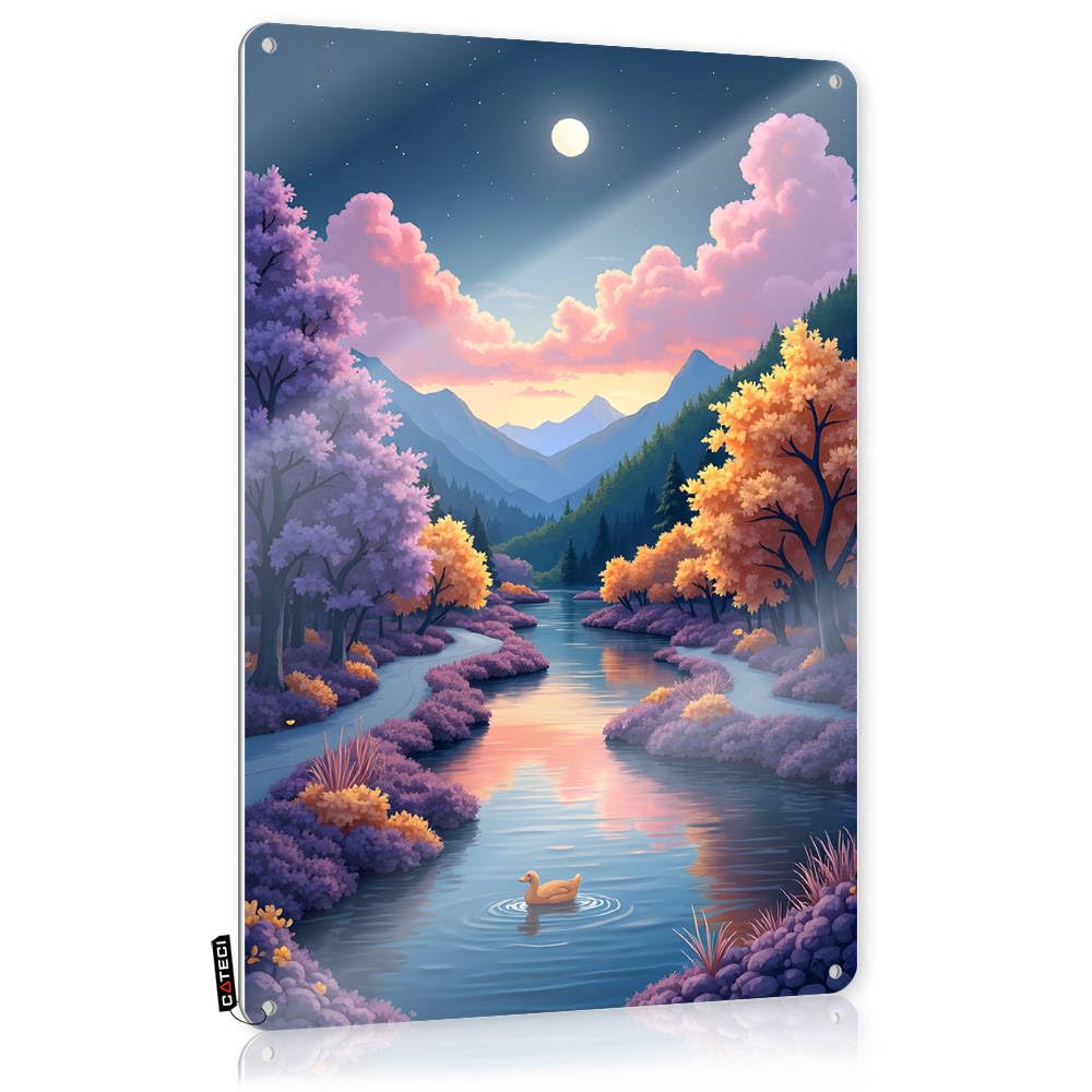 Fzfn Men's Colour Pool Stuff Matal Sign Collection | Dreamy Night Scene With Duck On Serene River Stunning Kitchen Bar Decoration(30X40cm)