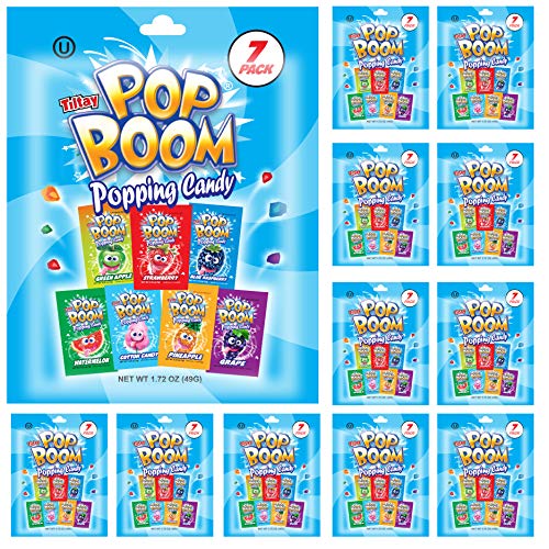 84 Packs Pop Boom Popping Candy - 12 Bags, 7 Flavors Each of Green Apple, Strawberry, Blue Raspberry, Watermelon, Cotton Candy, Pineapple and Grape - Lactose Free & OU Kosher