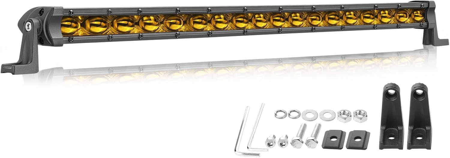 20 Inch LED Light Bar Yellow, Niwaker 108W Slim Single Row Light Bar Flood LED Driving Work Lights Yellow Fog Lamps Waterproof Bumper Lights for Truck Pickup UTV ATV Off Road SUV RZR Roof Grill Mount