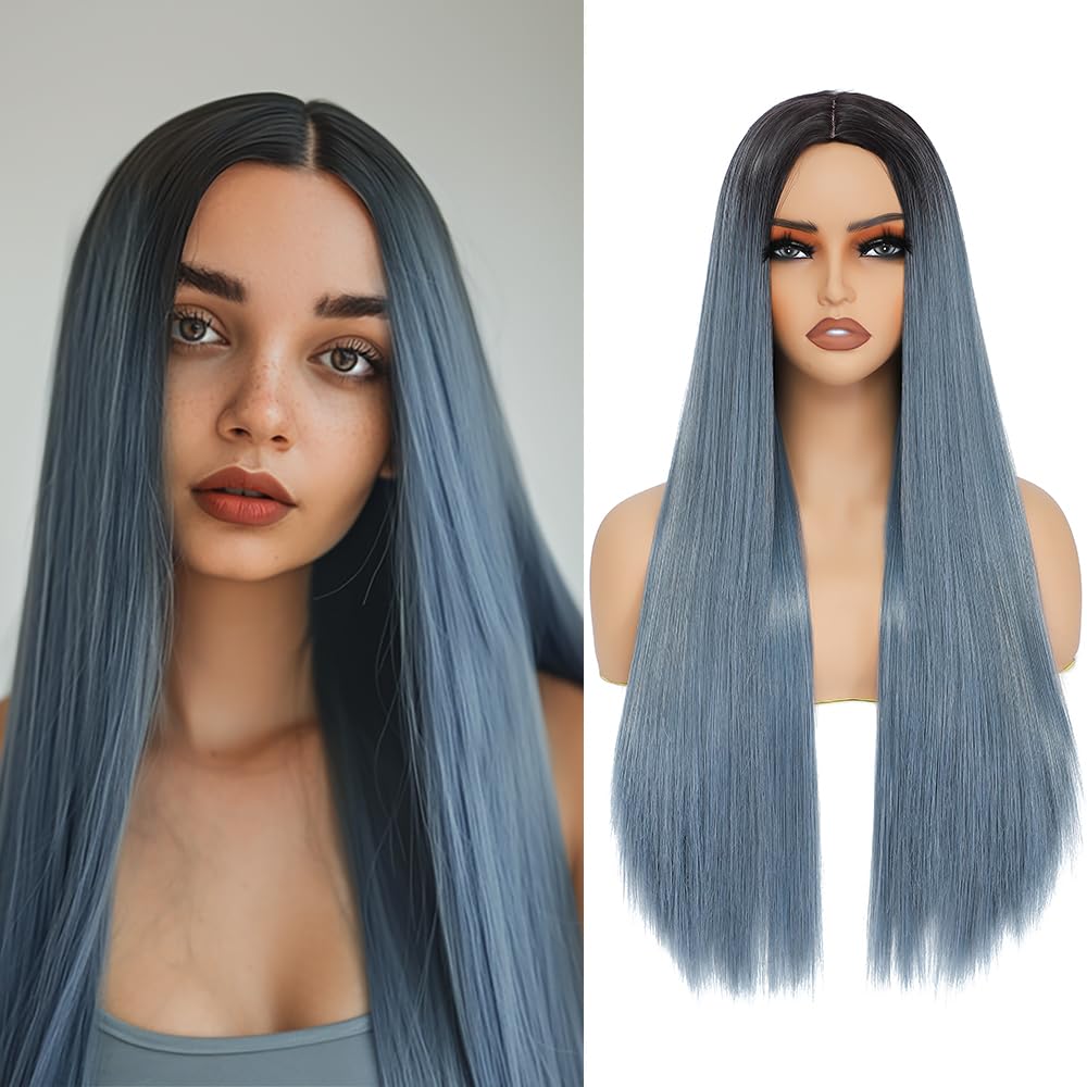 X-TRESS 28 Inch Straight Hair Ombre Gray Blue Color Long Silk Straight Wig for Women Synthetic Wig Halloween Party Or Cosplay Wig (Gray Blue)