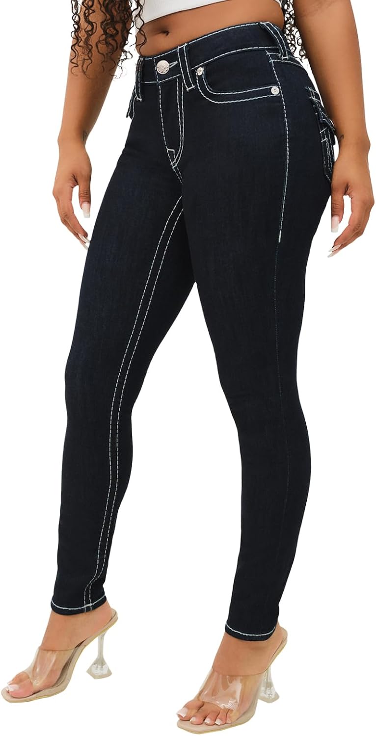 True Religion Women’s Jennie Mid-Rise Skinny Big T Stitching Flap Jeans -Body Rinse - Image 3