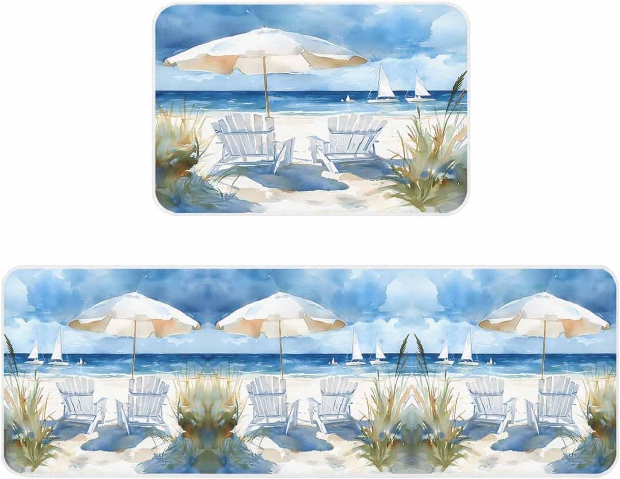 Sun Umbrella Ship Kitchen Mats Set of 2 Watercolor Beach Chair Summer Beach Non Slip Mat Washable Floor Rug for Kitchen Sink Floor Laundry, 15.7"x23.6"+15.7"x47.2"