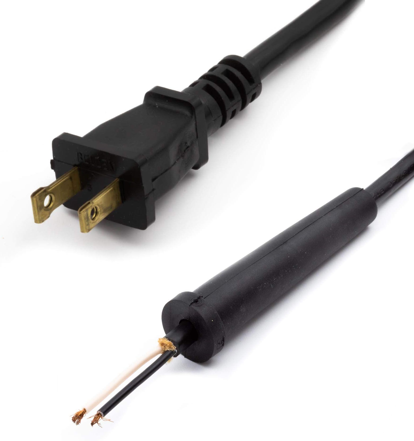 Power Tool Replacement Cord SJT, 18 GA AWG, 2 Wire, 6 1/2 ft, 2 Prong, with Stripped Ends and Rubber Strain Relief Boot