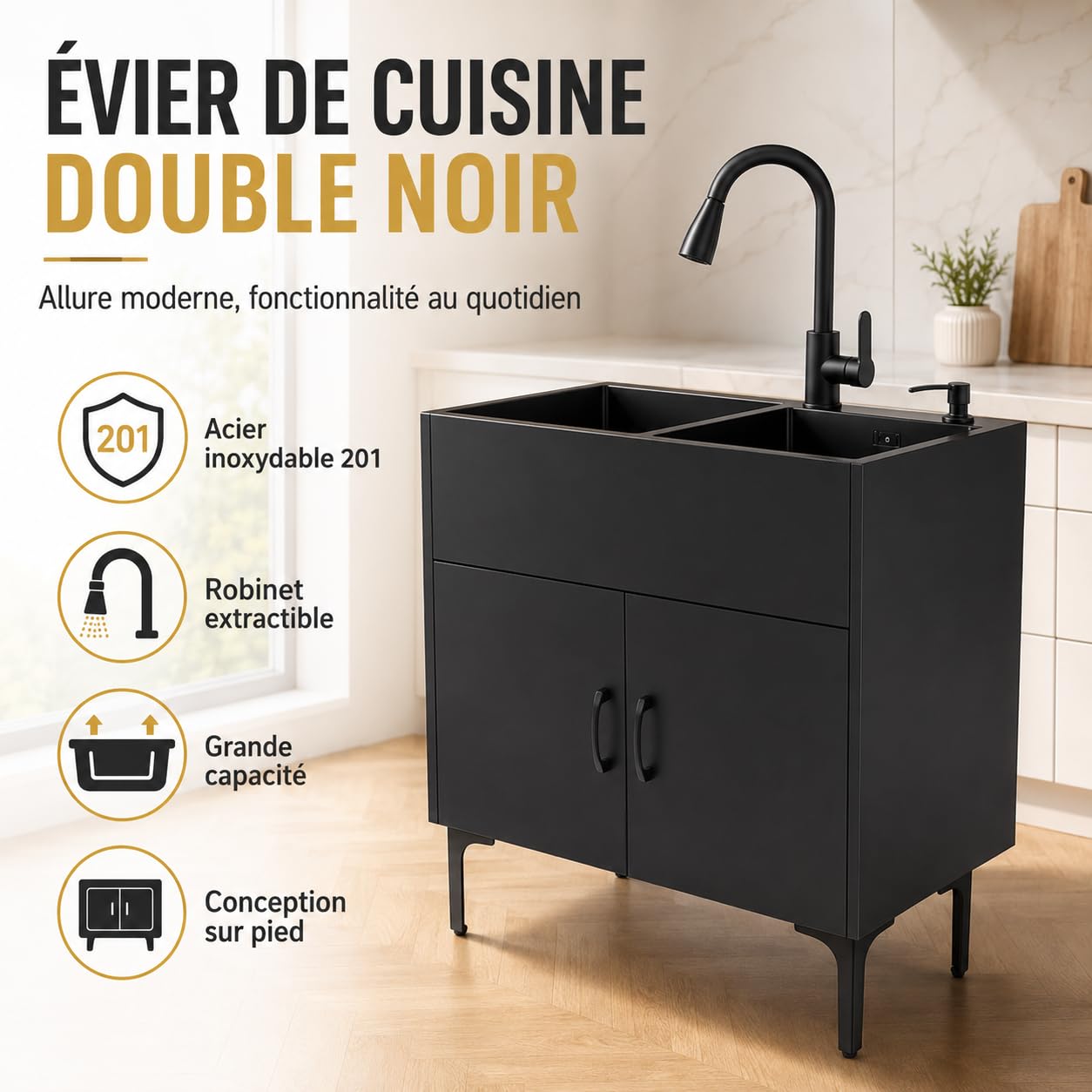 Évier de Cuisine Autoportant, 2 Bacs avec Meuble Bas et Robinet Extractible | 75 × 41 × 78 cm, acier inoxydable 201, égouttoir, bonde et rangement intégré pour cuisine, restaurant ou buanderie