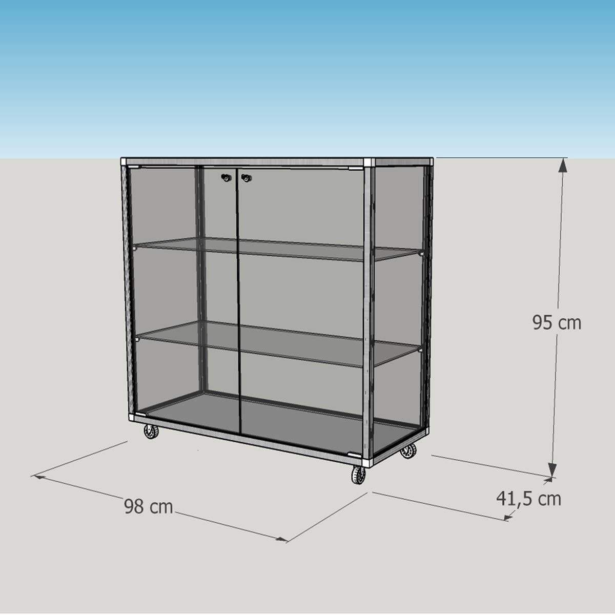 MHN Halbhohe Glasvitrine T 41,5 x B 98 x H 95 cm - breite Thekenvitrine Glas abschließbar - Flache Alu-Glas Verkaufsvitrine - ohne Beleuchtung