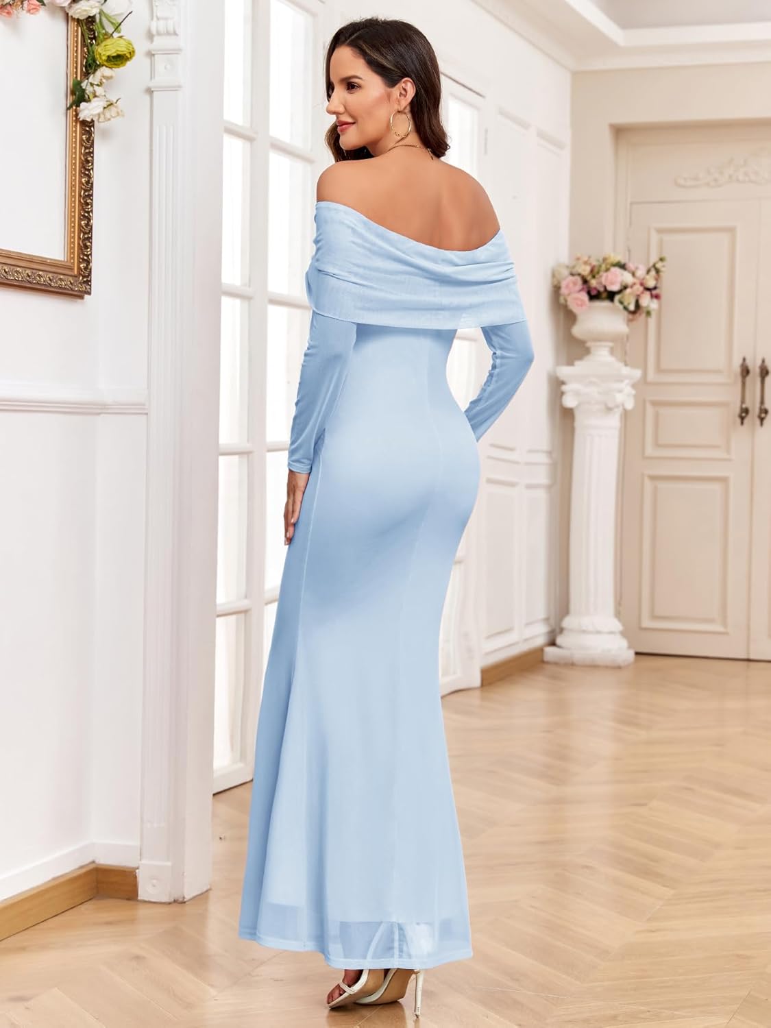 AISWI Maternity Off The Shoulder Mermaid Maxi Dress Mesh Bodycon Pregnancy Dresses Baby Shower Photoshoot with Floral