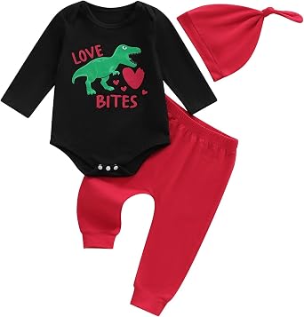 Bmnmsl Baby Boy Valentine Outfit Dinosaur Hearts Letter Print Onesie Romper Red Pant & Hat 3Pcs Fall Spring Clothes Set