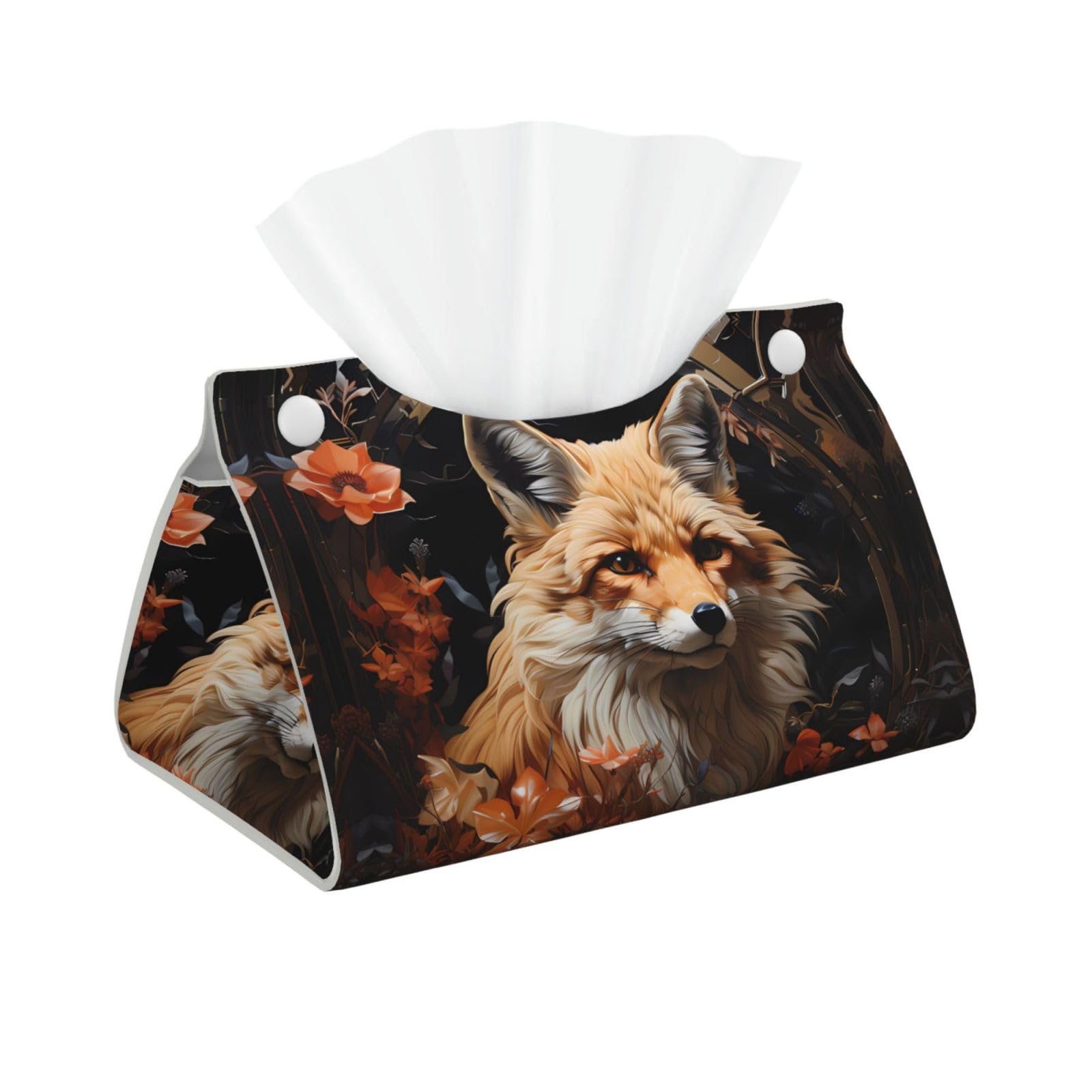 Fox and Flowers Rectangular Leather Tissue Box Cover, Folding Facial Tissue Holder Dispenser for Car