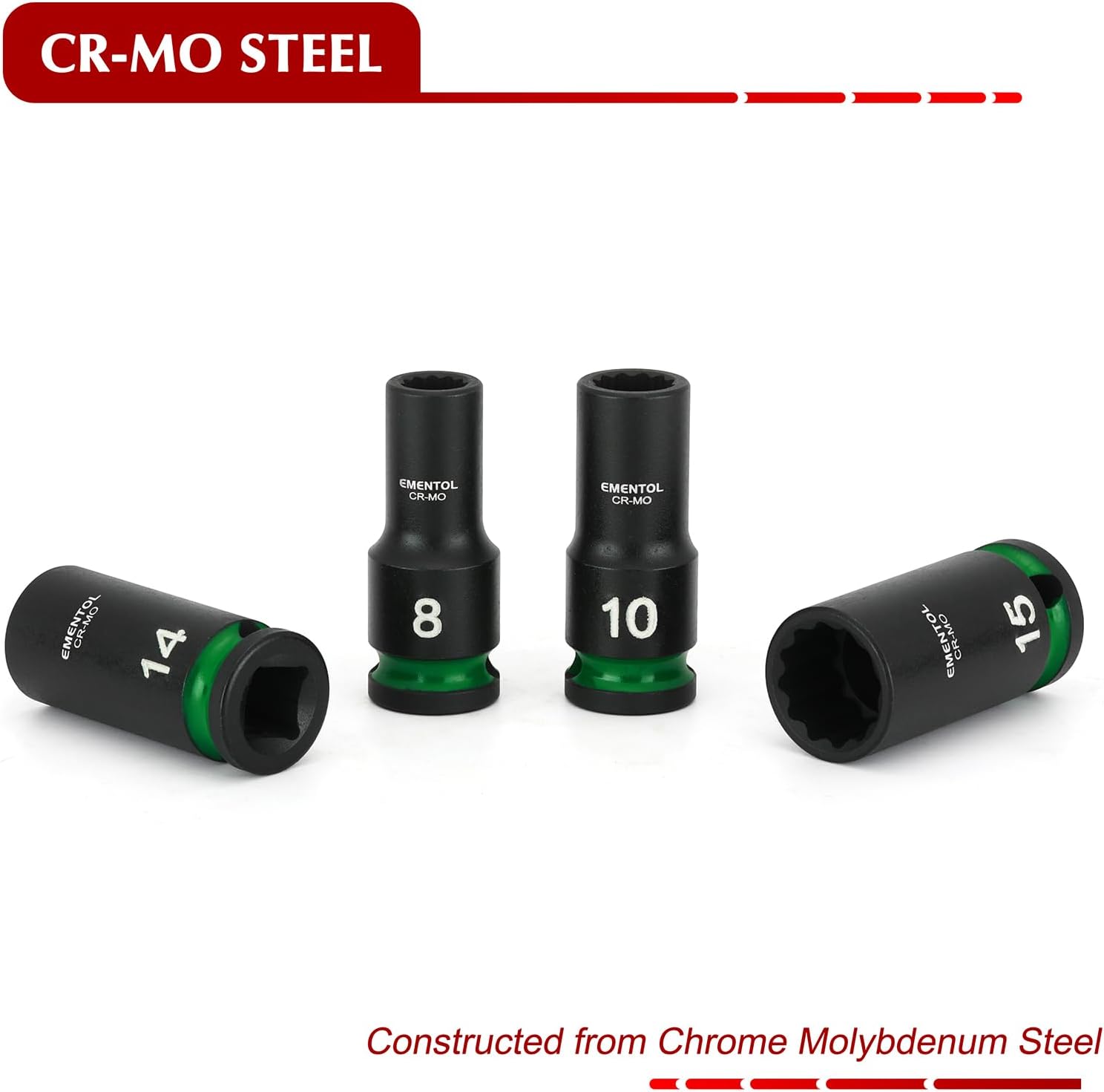EMENTOL 3/8" Drive Impact Socket Set, Semi-Deep Sockets, 13 Pieces, Metric (7-19mm), 12 Point, CR-MO, Stamped and ink filled