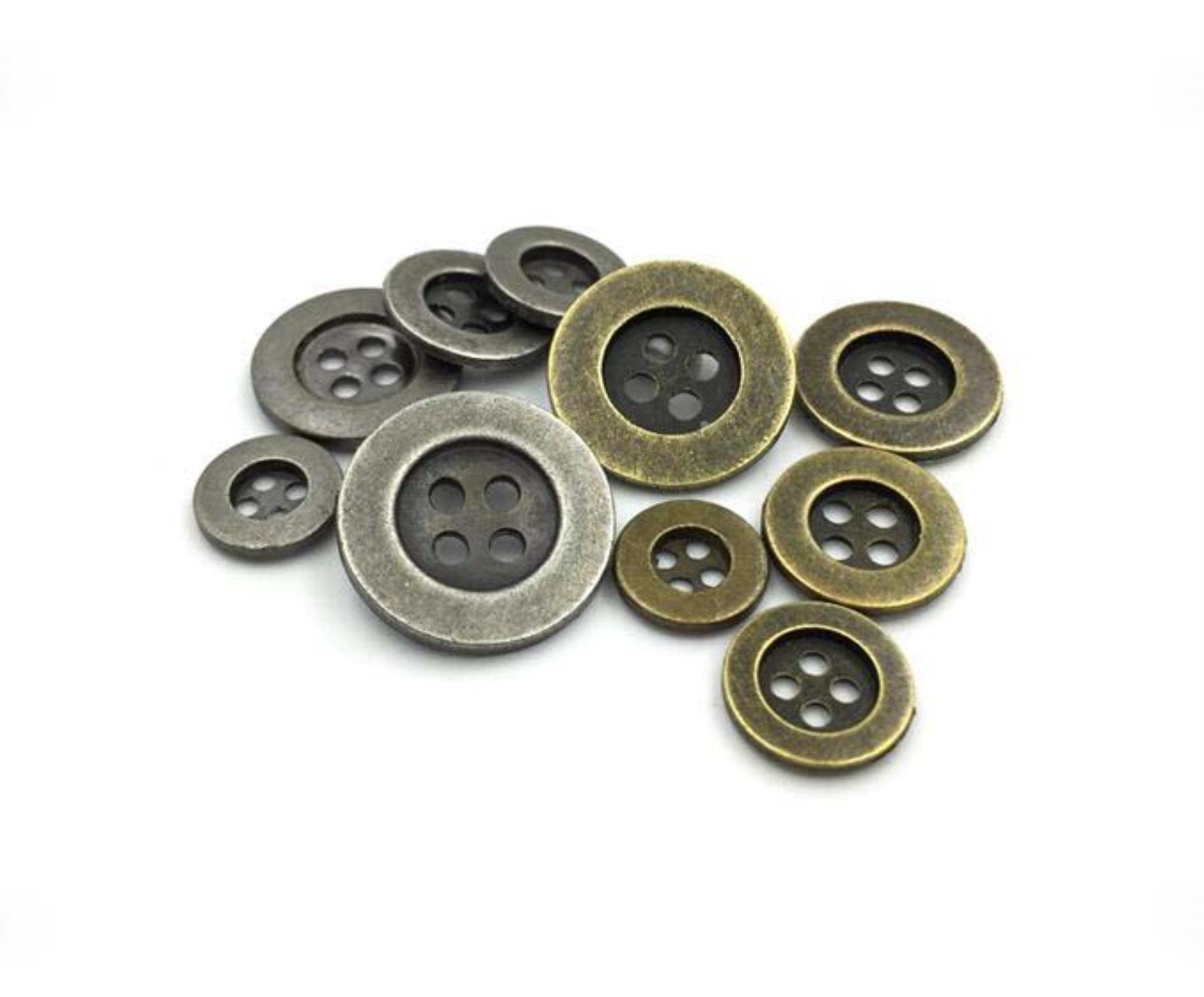 50 szt. guzików do szycia ze stopu cynku, okrągłe, brązowe, 4 otwory, metalowe guziki(Antique Silver,15mm)