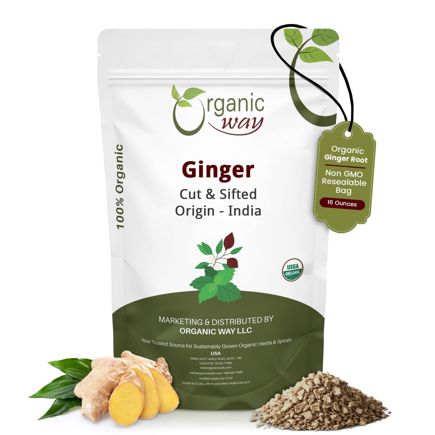 Organic Way Ginger Root Cut & Sifted (Zingiber officinale) – Herbal Tea | Kosher & USDA Certified | Vegan, Non-GMO & Gluten Free | Tested for Heavy Metal and Purity | 100% Raw from India (1LB -16Oz)