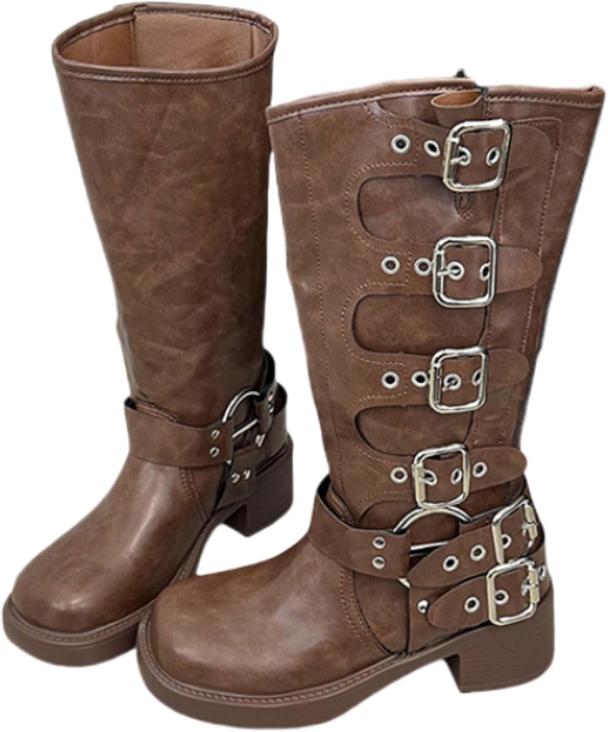 Women's Black Boots Knee High Fashionable Metal Buckle Retro Leather Long Tube Western Cowboy Knight Motorcycle Combat Fashion Boots,Black, Brown