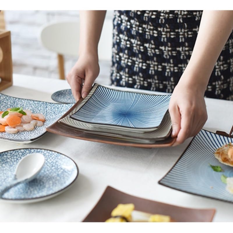 Assiettes plates japonaises carrées en céramique - Bleu et blanc - Assiettes à dîner empilables