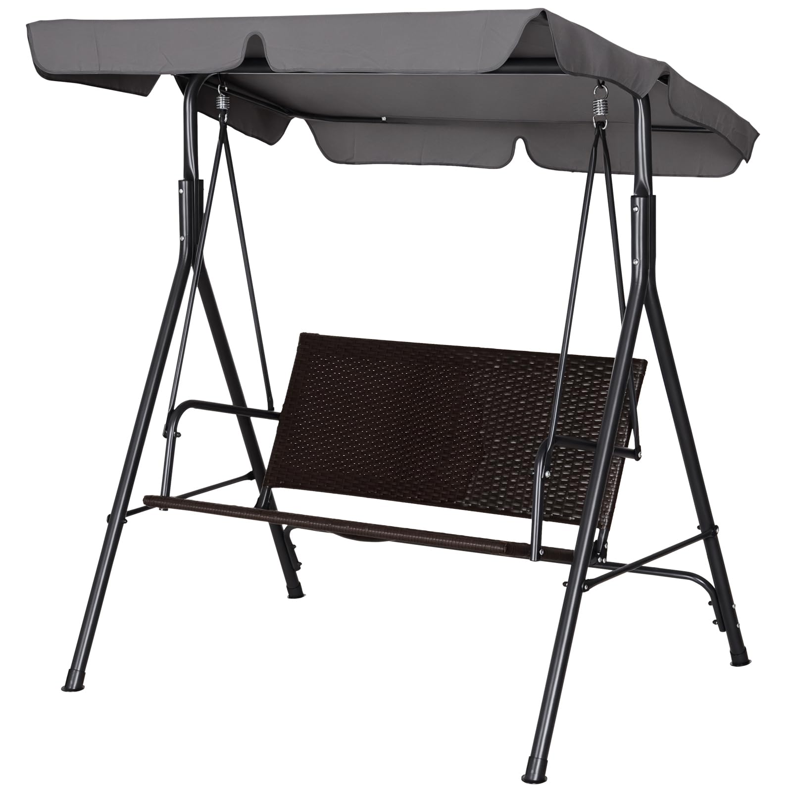 Outsunny Dondolo da Giardino 2 Posti in Rattan con Tettuccio Parasole Regolabile, Dondolo da Esterno con Struttura in Acciaio, Portata 180 kg, 140x110x151 cm, Marrone e Grigio