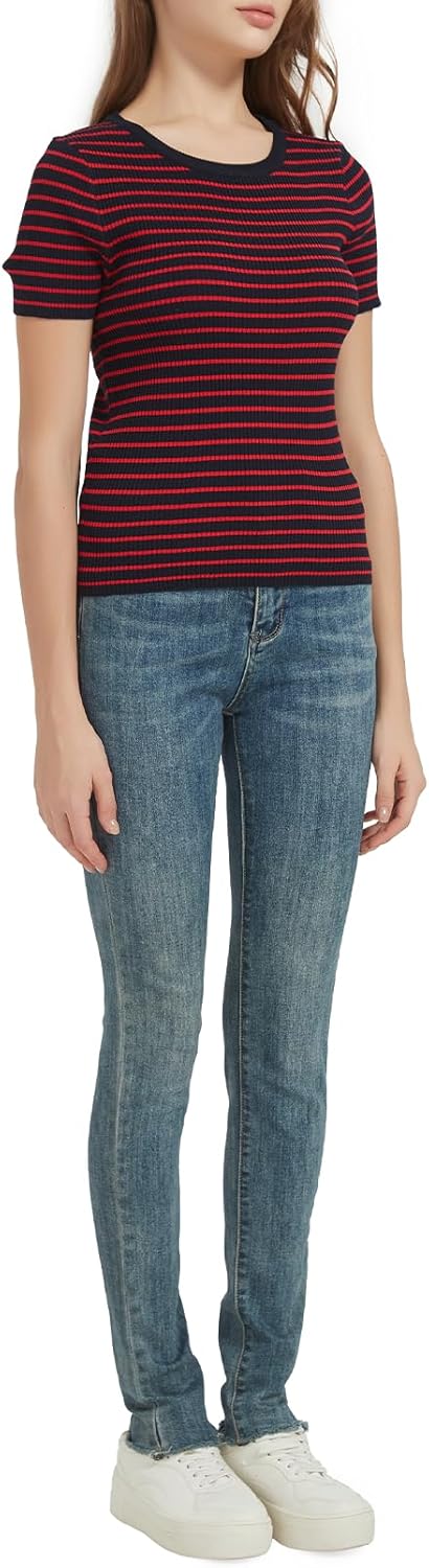 Women's Striped Knit Short Sleeve Top Elastic T-Shirt - Image 5