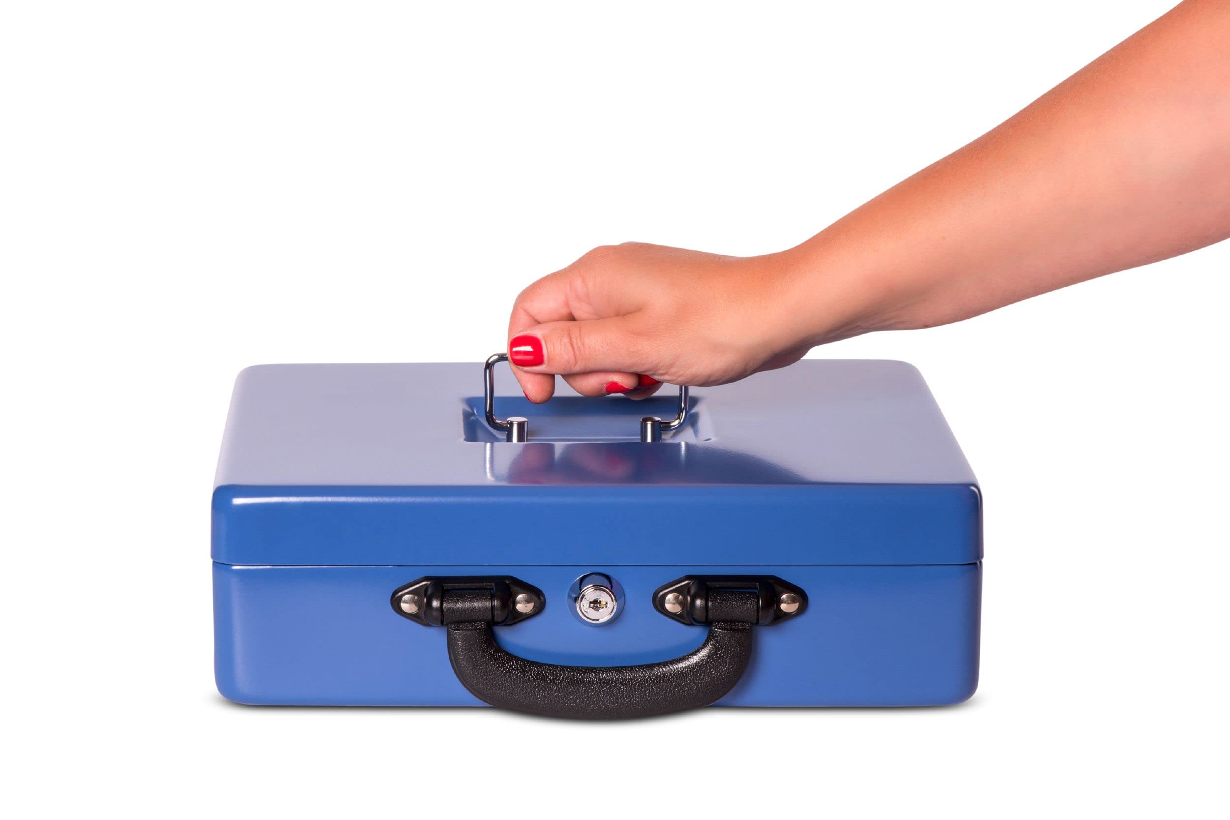 MAUL Cassetta portavalori blu con vassoio conta monete | conteggio rapido Euro, accesso protetto, inserto ordinato, schiuma anti fuoriuscite, coperchio pratico aperto