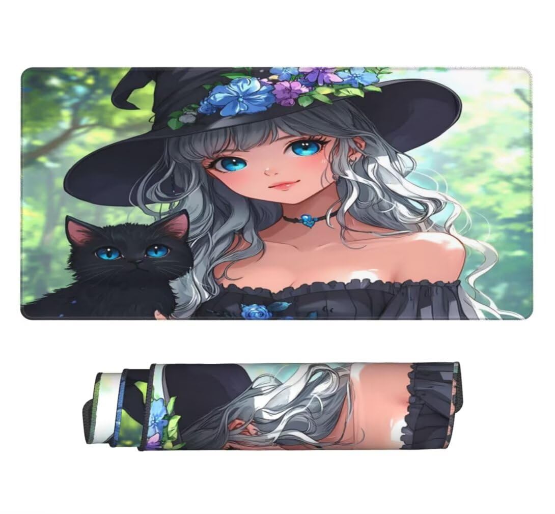 Tappetino Mouse XXL 1000x500mm Anime Grande Mouse Pad, Tappetino Scrivania Grande Mousepad Gaming con Bordi Cuciti, Tappeto Scrivania con Base Antiscivolo per Ufficio e Casa (Gatto Fata) -MP1566