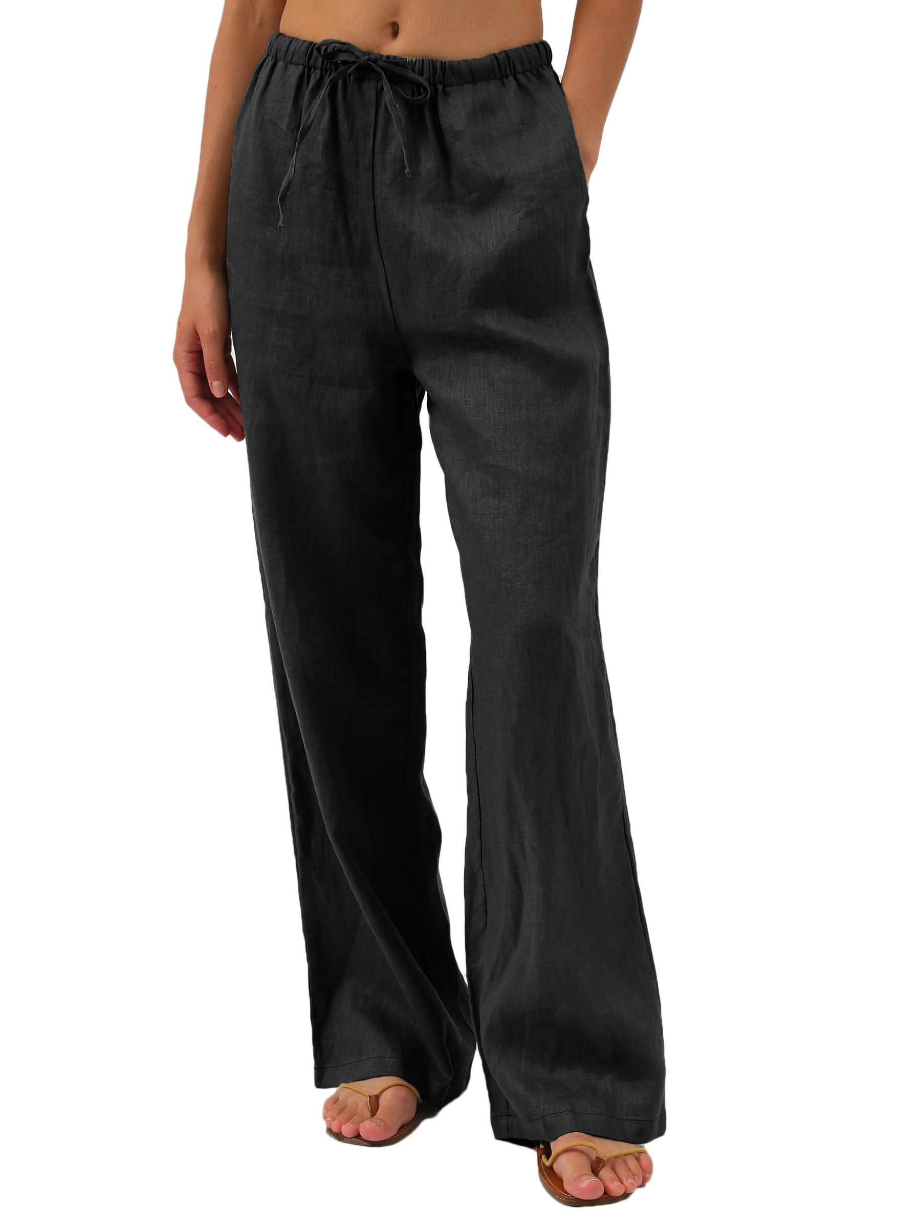 Amazhiyu Pantaloni in lino, da donna, estivi, 100% lino, pantaloni lunghi, da donna, larghi, con tasche