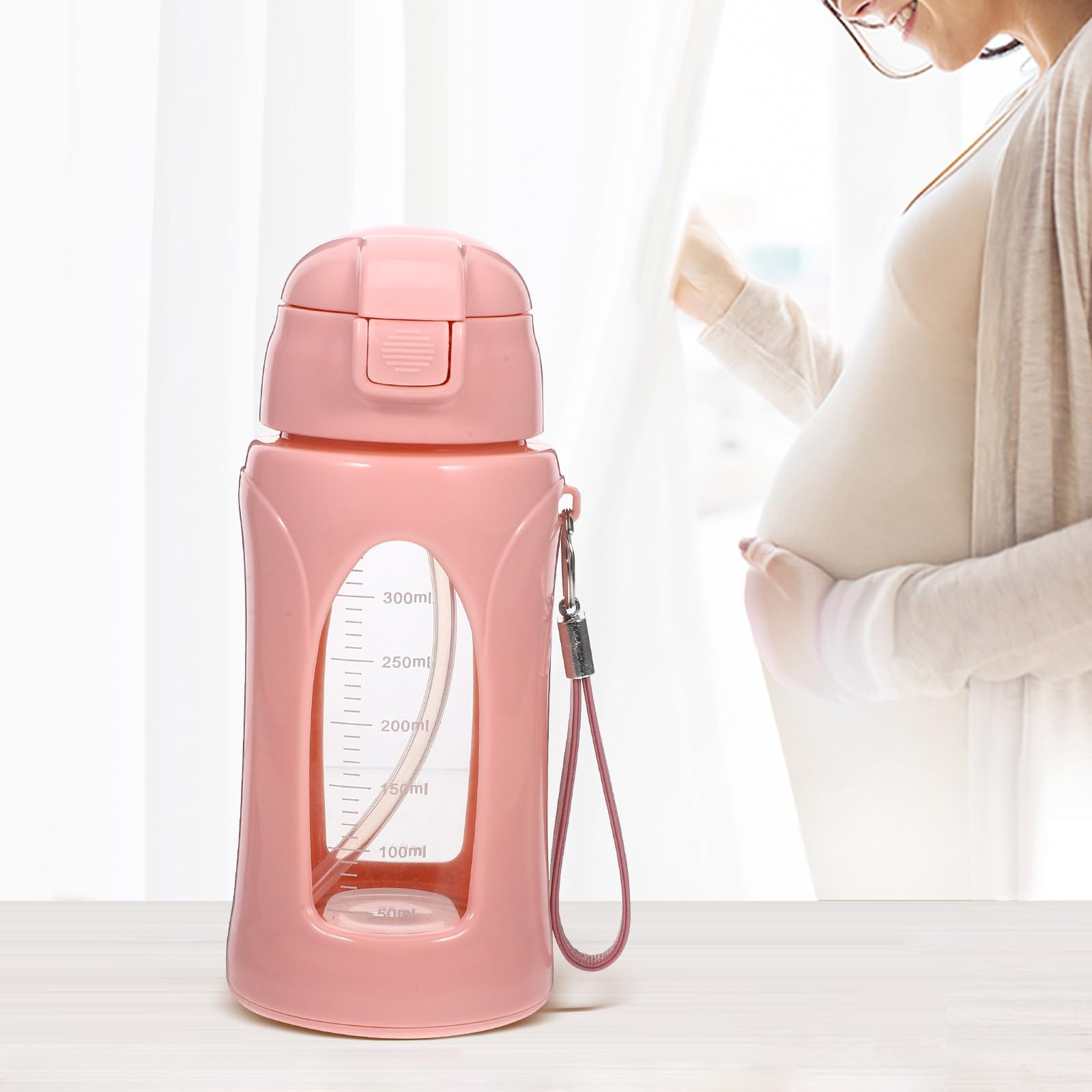 Gourde de Sport en Verre 380 ML Paille Intégrée et Graduation Bouteille D’Eau Multifonction pour Fitness Camping et Activités D’Extérieur Gourde Légère et Portable Rose