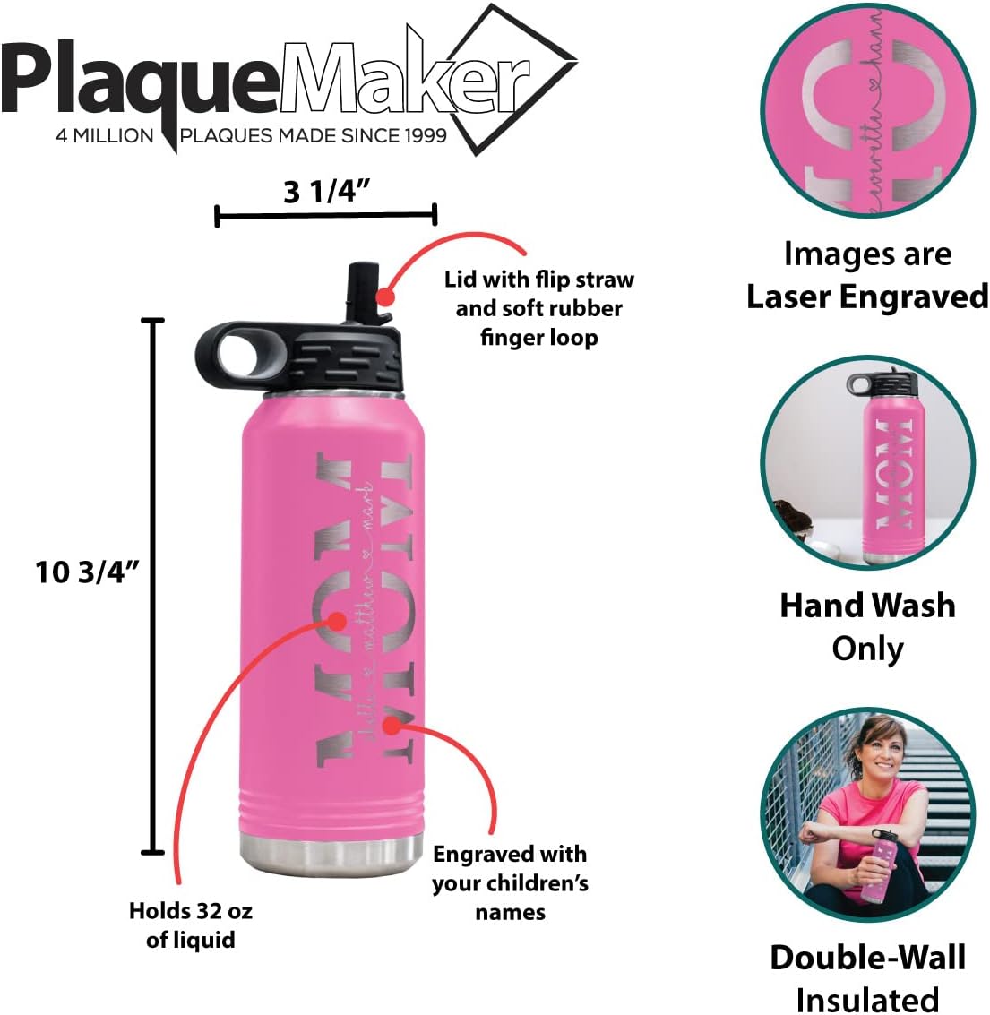 32-oz Stainless Steel Customized Water Bottle For Mom- Includes Kids Names- Great for Mother's Day, Christmas, Birthday's, Baby Shower's or Just Because - Select from a Variety of Colors (Pink)