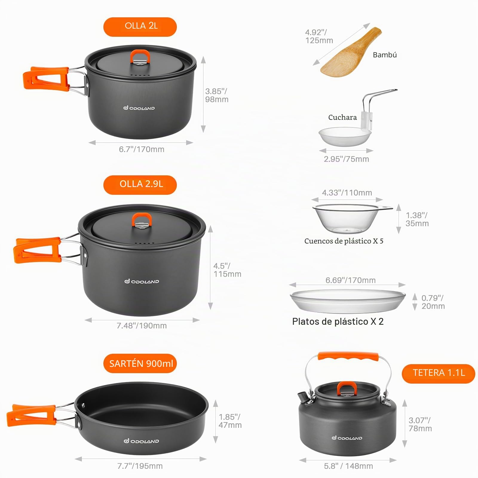 Odoland Kit de Utensilios Cocina Camping 15 Piezas para 1-5 Personas, Kit de Cocina de Camping con 2 Ollas, 1 Sartén y 1 Hervidor, para Camping Trekking Senderismo Cocina al Aire Libre y Picnics