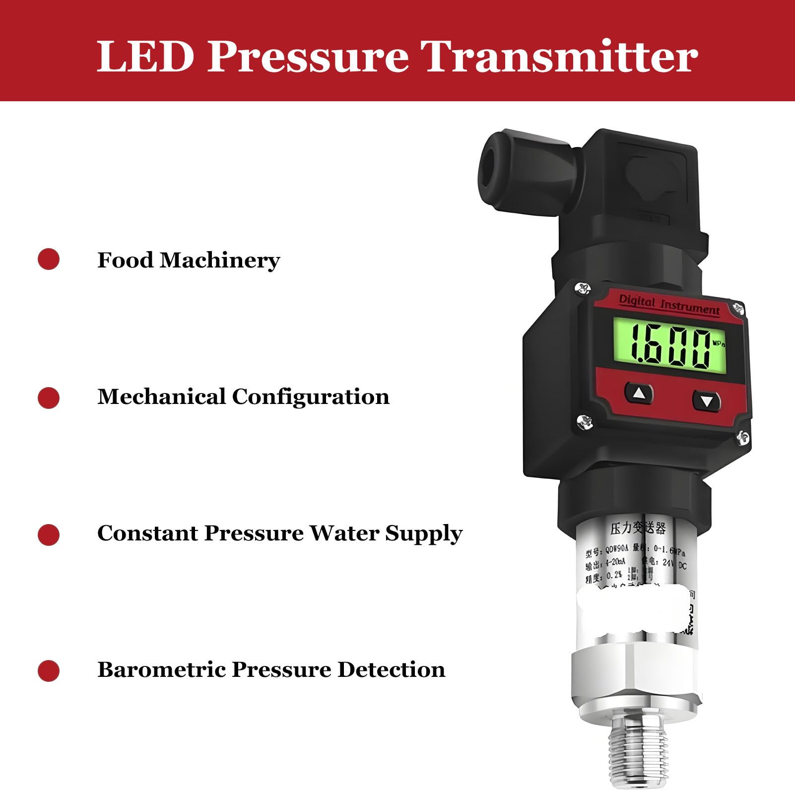 Trasmettitori di pressione idraulica con display digitale a LED 4-20 mA RS485 Sensore di livello del gas combustibile per acqua Misuratore di vuoto assoluto, intervallo -100 KPa-60 MPa 0-100KPa