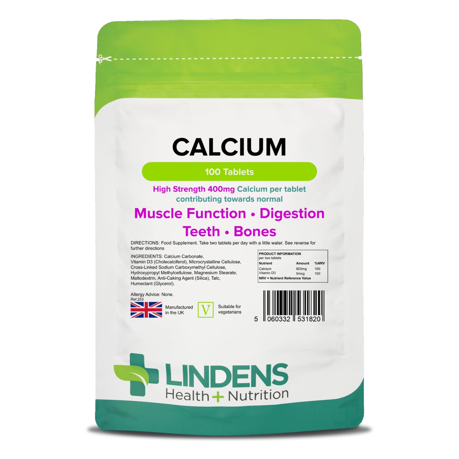 Lindens - Calcium 400mg with Vitamin D3-100 Tablets - UK Made - Contributes to Normal Muscle Function, Bones, Teeth and Digestion - Letterbox Friendly